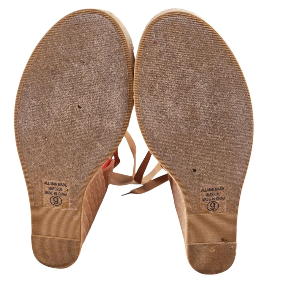 Soda Womens 9 Tan Faux Suede Ribbon Tie Espadrille Wedge Sandals